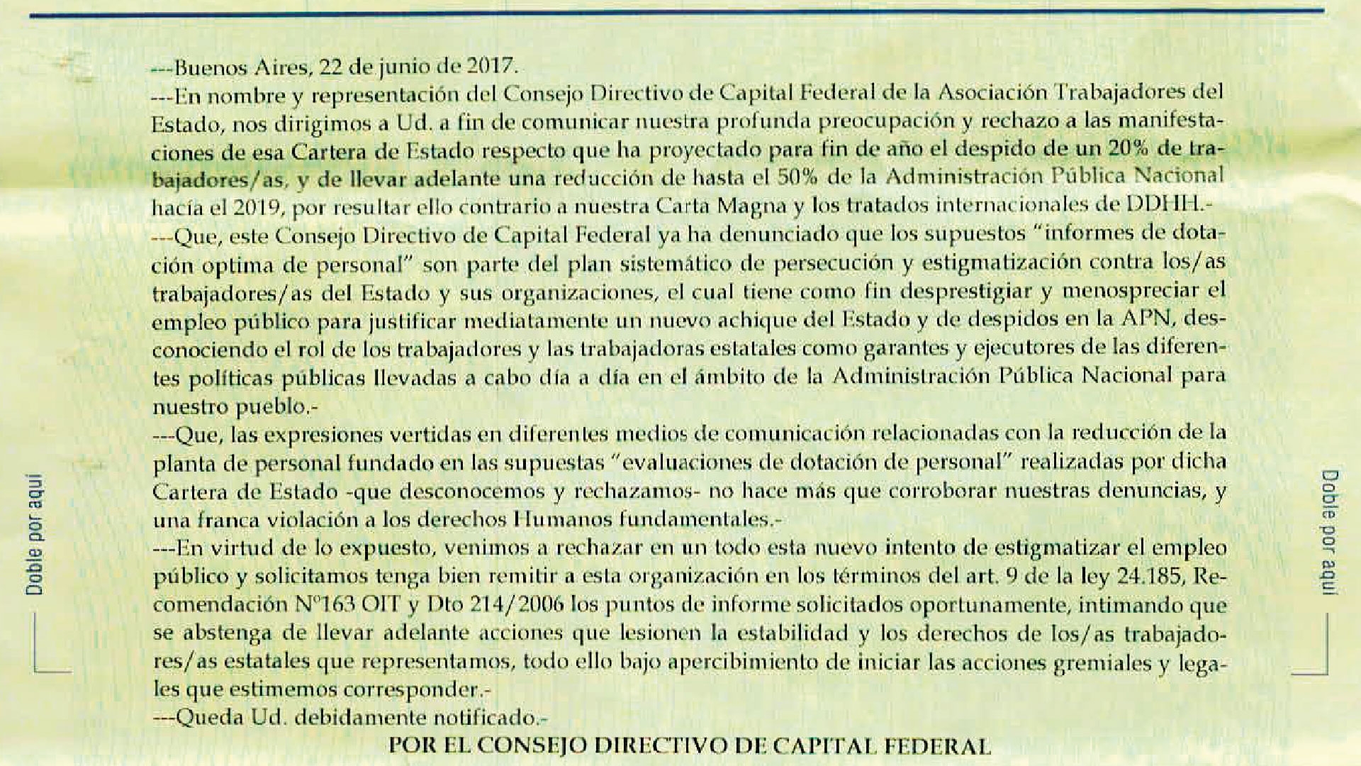 Intimación al Ministerio de Modernización